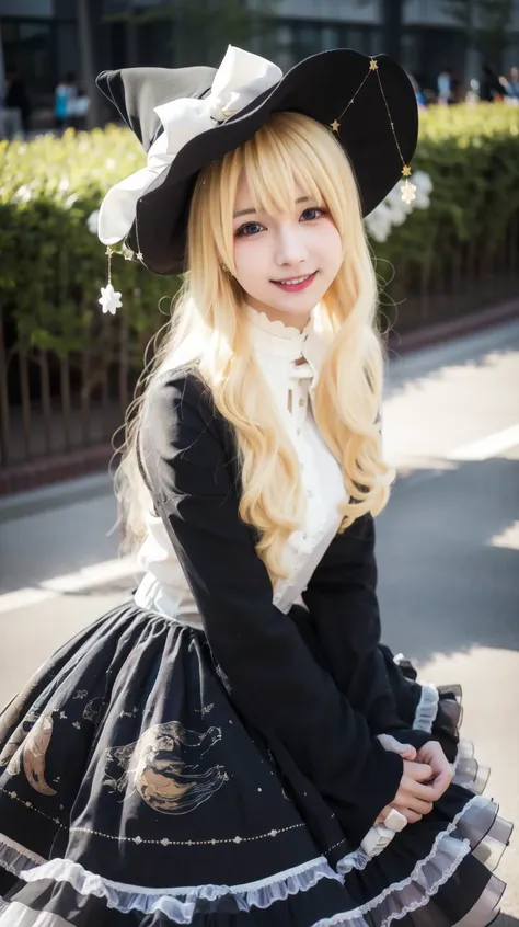 Close up smile, masterpiece, best quality, Blonde, <lora:Kirisame-Marisa-cosplay:0.7>, Kirisame-Marisa-cosplay, Black dress, Frills, Print, Small breasts