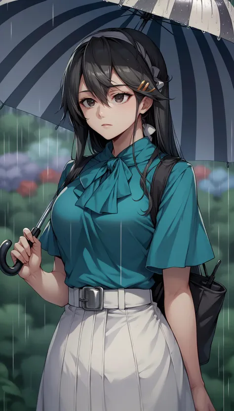 score_9, score_8_up, score_7_up, source_anime, game cg, <lora:haruna:1>harunarainKC,long hair,white skirt, green shirt, hair ornament, short sleeves, hairband, hairclip, white skirt, white hairband,rain,outdoors, umbrella, expressionless,