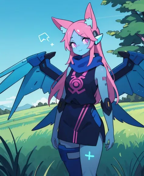 1girl, (ai, blue skin:1.2), (hologram), glowing symbols, 30 years old, long hair, pink hair, pink eyes, fox ears, (tattoos), (mecha wings), mischievous smile, :3, long scarf ribbons, traditional nomad robes, neon pink, standing in grass field, dirt path, blue sky