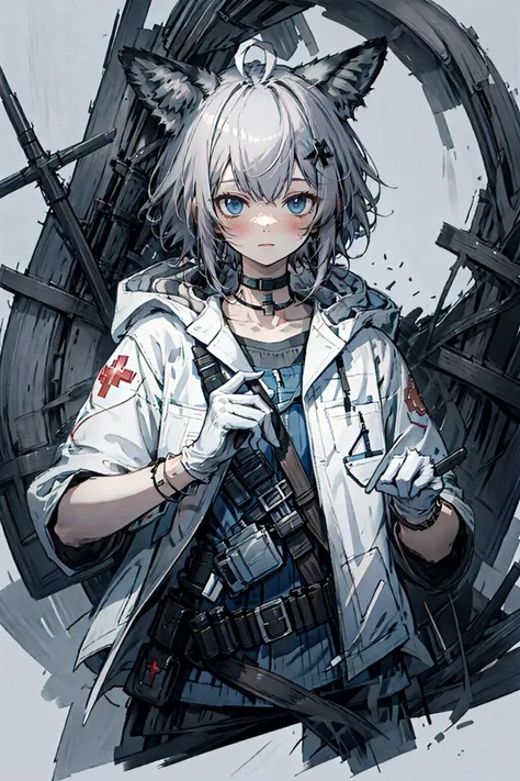 best quality, masterpiece, highres, solo, {sussurro_arknights:1.15}, animal_ears, fox_ears, ahoge, blue_eyes, bangs, short_hair, oripathy_lesion_\(arknights\), brown_hair, fox_girl, upper_body, animal_ear_fluff, closed_mouth, blush, 1girl, black_choker, choker, cross, gloves, holding, holding_staff, jacket, open_clothes, simple_background, staff, white_background, white_coat, white_gloves, blue_shirt, coat, hood, hood_down, infection_monitor_\(arknights\), red_cross, looking_at_viewer, shirt, white_jacket,
<lora:sussurro_arknights:0.8> <lora:sd-No.129:0.3> <lora:ruinedarchi:0.5> ruinedarchi
