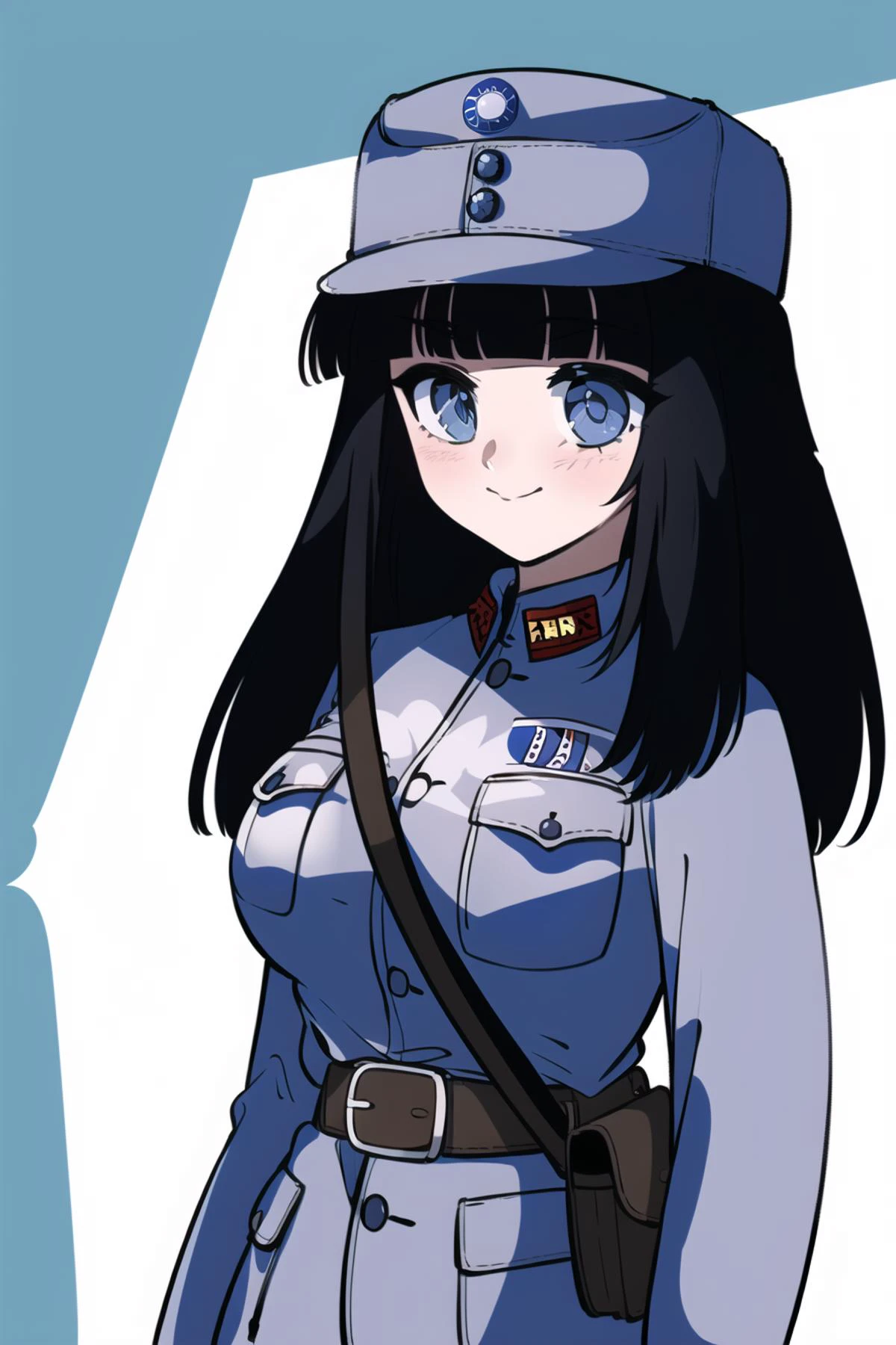 masterpiece, best quality, absurdres, high resolution, extremely detailed, 1girl, solo, face focus,close up, upper body, ((NRA1936,NRA cap,cap badge, hat,light blue uniform, NRA soldier,)) black long hair, hime cut, blunt bangs, blue eyes, <lora:NRAuniformv1:0.85> light smile, full-face blush, large breasts, narrow waist, wide hips, leather belt pouch,white sun \(symbol\),1990s \(style\), retro artstyle <lora:1990sAnimeStyleLora_1:0.55>