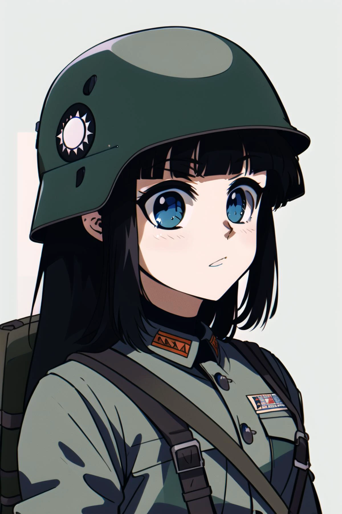 masterpiece, best quality, absurdres, high resolution, extremely detailed, 1girl, solo, face focus,close up, upper body, NRA1936,german helmet,helmet badge,green uniform, NRA soldier, black long hair, hime cut, blunt bangs, blue eyes, backpack, <lora:NRAuniformv1:0.85> white sun \(symbol\),1990s \(style\), retro artstyle <lora:1990sAnimeStyleLora_1:0.65>