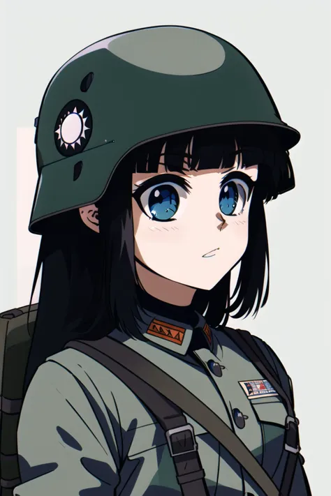 masterpiece, best quality, absurdres, high resolution, extremely detailed, 1girl, solo,  face focus,close up, upper body, NRA1936,german helmet,helmet badge,green uniform, NRA soldier, black long hair, hime cut, blunt bangs, blue eyes, backpack,  <lora:NRAuniformv1:0.85>  white sun \(symbol\),1990s \(style\), retro artstyle <lora:1990sAnimeStyleLora_1:0.65>