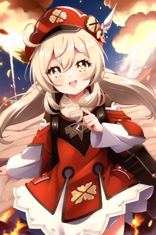 <lora:kleeGenshinImpact_:0.65> klee \(genshin impact\), happy, smiling, explosion in the background, masterpiece, highly detailed, best quality, sharp focus, soft lighting, warm colors
<lora:1990sAnimeStyleLora_1:0.65> 1990s \(style\), retro artstyle