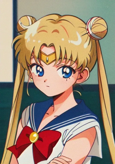 masterpiece, best quality, 1990s \(style\), 1980s \(style\), 1girl, sailor moon, blonde hair, hair bun, double bun, twintails, long hair, blue eyes, blue sailor collar, red bow, upper body, sepia, film grain, <lora:1990sAnimeStyleLora_1:0.3> <lora:retrosepia:0.4>