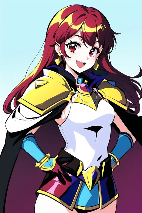 1990s \(style\),
1girl, :d, armor, bangs, breasts, cape, cape lift, earrings, gloves, hand on hip, headband, jewelry, long hair, looking at viewer, open mouth, orange hair, red eyes, retro artstyle, shoulder armor, smile, solo
<lora:1990s:0.7>