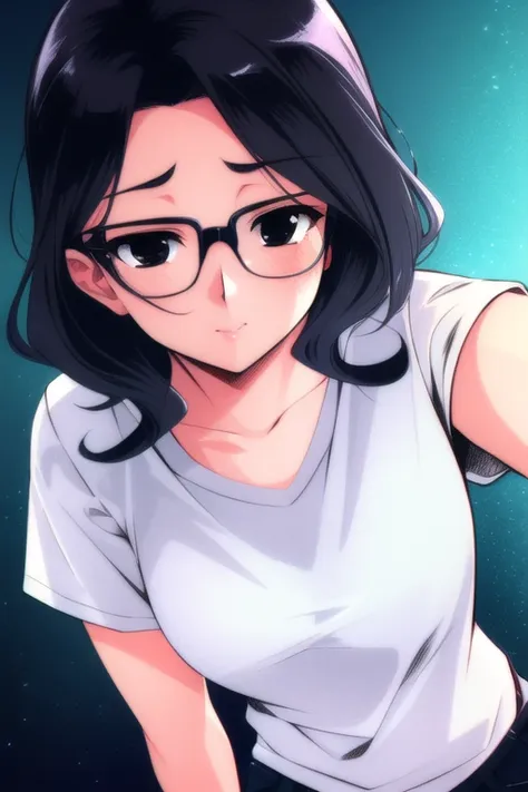 (best quality:1.0), young 1girl, stunningly attractive, perfect feminine face, (cute:1.2), silver short wavy hair, (aroused:1.0), playful, (white t-shirts), detailed background, black eyes, highres, dynamic angle, (cinematic lighting:1.2), (by Range Murata:1.0), (by Taka Tony:1.0), by Jeremy Lipking, cowboy shot, glasses


 <lora:1990sAnimeStyleLora_1:0.65> 1990s \(style\), retro artstyle