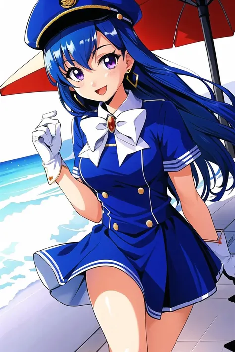 1990s \(style\),
1girl, blue hair, bow, bowtie, breasts, dress, earrings, gloves, hat, jewelry, long hair, looking at viewer, open mouth, purple eyes, retro artstyle, short dress, skirt, smile, solo, travel attendant, uniform, white gloves
<lora:1990s-000035:0.5>