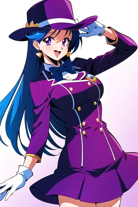1990s \(style\),
1girl, blue hair, bow, bowtie, breasts, dress, earrings, gloves, hat, jewelry, long hair, looking at viewer, open mouth, purple eyes, retro artstyle, short dress, skirt, smile, solo, travel attendant, uniform, white gloves
<lora:1990s:0.6>