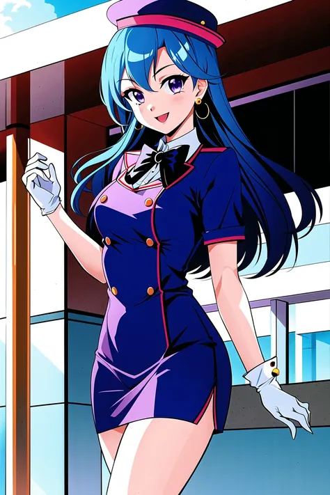 1990s \(style\),
1girl, blue hair, bow, bowtie, breasts, dress, earrings, gloves, hat, jewelry, long hair, looking at viewer, open mouth, purple eyes, retro artstyle, short dress, skirt, smile, solo, travel attendant, uniform, white gloves
<lora:1990s:0.5>