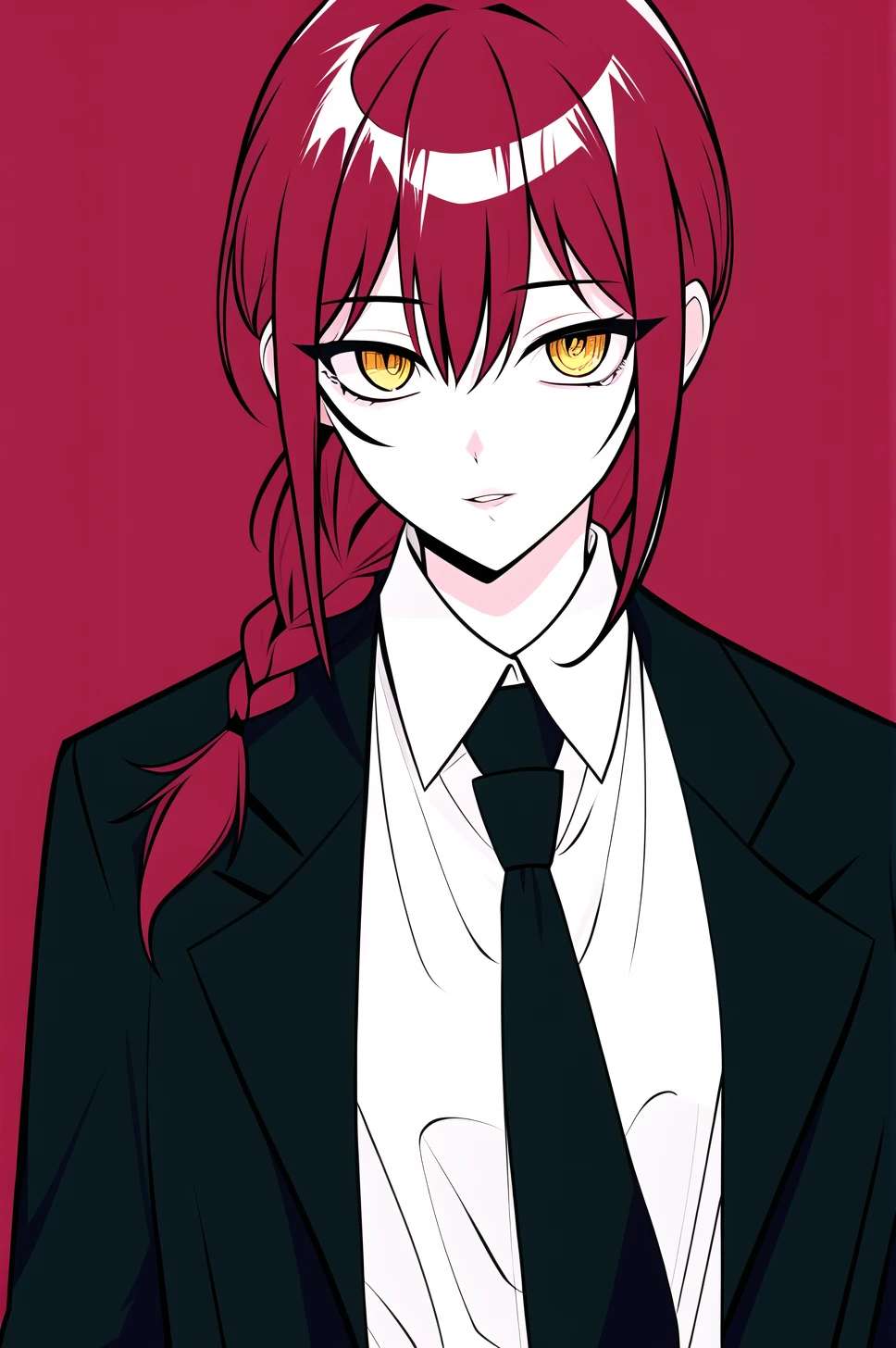 1990s \(style\), makima \(chainsaw man\),
1girl, bangs, black jacket, black necktie, blood, blood in hair, blood on clothes, braid, braided ponytail, collared shirt, formal, jacket, looking to the side, medium hair, necktie, parted lips, red hair, ringed eyes, shirt, sidelocks, solo, suit, suit jacket, white shirt, yellow eyes
<lora:1990s:0.5> <lora:makima-000035:0.5>