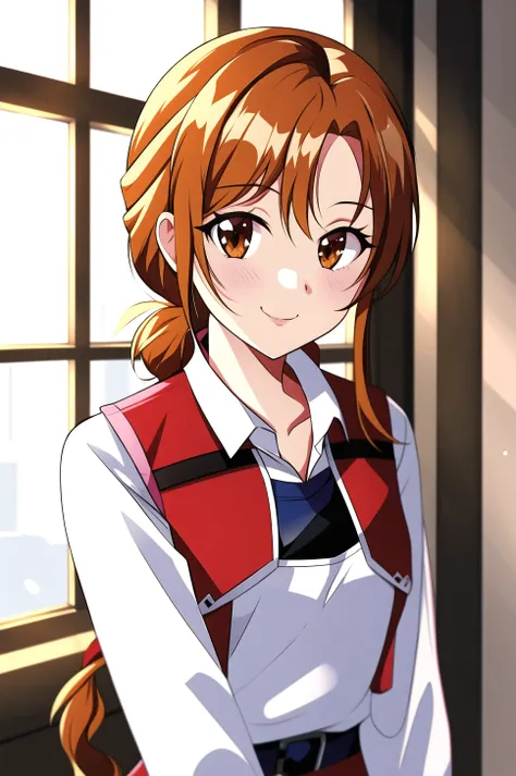 1990s \(style\), asuna \(sao\), retro style,
1girl, armor, asymmetrical bangs, bangs, blurry, blurry background, braid, breastplate, brown eyes, orange hair, closed mouth, collarbone, collared vest, high collar, indoors, long sleeves, looking at viewer, red vest, shirt, short ponytail, sidelocks, smile, solo, upper body, vest, white shirt, window
<lora:1990s:0.55> <lora:asuna:0.5>