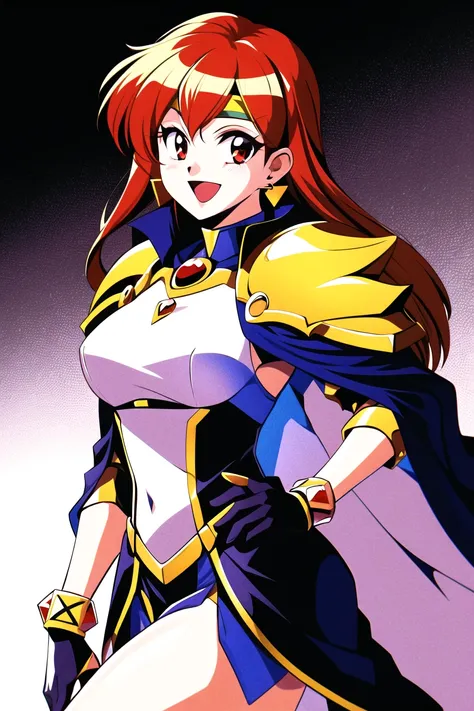 1990s \(style\),
1girl, :d, armor, bangs, breasts, cape, cape lift, earrings, gloves, hand on hip, headband, jewelry, long hair, looking at viewer, open mouth, orange hair, red eyes, retro artstyle, shoulder armor, smile, solo
<lora:1990s:0.7>