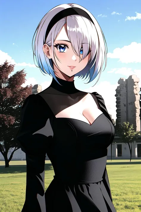 1990s \(style\), yorha no. 2 type b, retro style,
1girl, black dress, black hairband, breasts, cleavage, dress, hair over one eye, hairband, lips, long sleeves, looking at viewer, medium breasts, mole, mole under mouth, puffy long sleeves, puffy sleeves, short hair, signature, solo, white hair, blue eyes, outdoors, grass, trees, ruins,
<lora:1990s:0.5> <lora:yorha_noDOT_2_type_b:0.5>