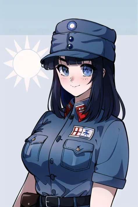 masterpiece, best quality, absurdres, high resolution, extremely detailed, 1girl, solo,  face focus,close up, upper body, ((NRA1936,NRA cap,cap badge, hat,light blue uniform, NRA soldier,)) black long hair, hime cut, blunt bangs, blue eyes, <lora:NRAuniformv1:0.85> light smile, full-face blush,  large breasts, narrow waist, wide hips, leather belt pouch,white sun \(symbol\),1990s \(style\), retro artstyle <lora:1990sAnimeStyleLora_1:0.55>