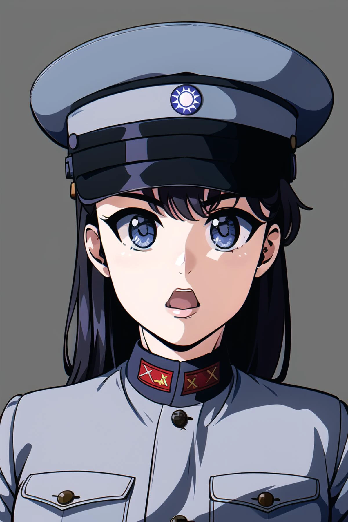 masterpiece, best quality, absurdres, high resolution, extremely detailed, 1girl, solo, face focus,close up, upper body, NRA1936,peaked cap,cap badge, hat,light blue uniform, NRA officer, white sun \(symbol\),<lora:NRAuniformv1:0.85> ,1990s \(style\), retro artstyle <lora:1990sAnimeStyleLora_1:0.6>