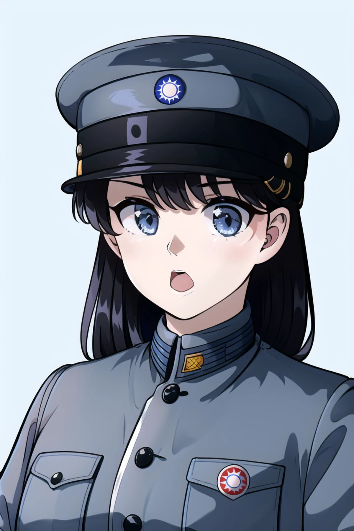 masterpiece, best quality, absurdres, high resolution, extremely detailed, 1girl, solo, face focus,close up, upper body, NRA1936,peaked cap,cap badge, hat,light blue uniform, NRA officer, white sun \(symbol\),<lora:NRAuniformv1:0.85> ,1990s \(style\), retro artstyle <lora:1990sAnimeStyleLora_1:0.6>