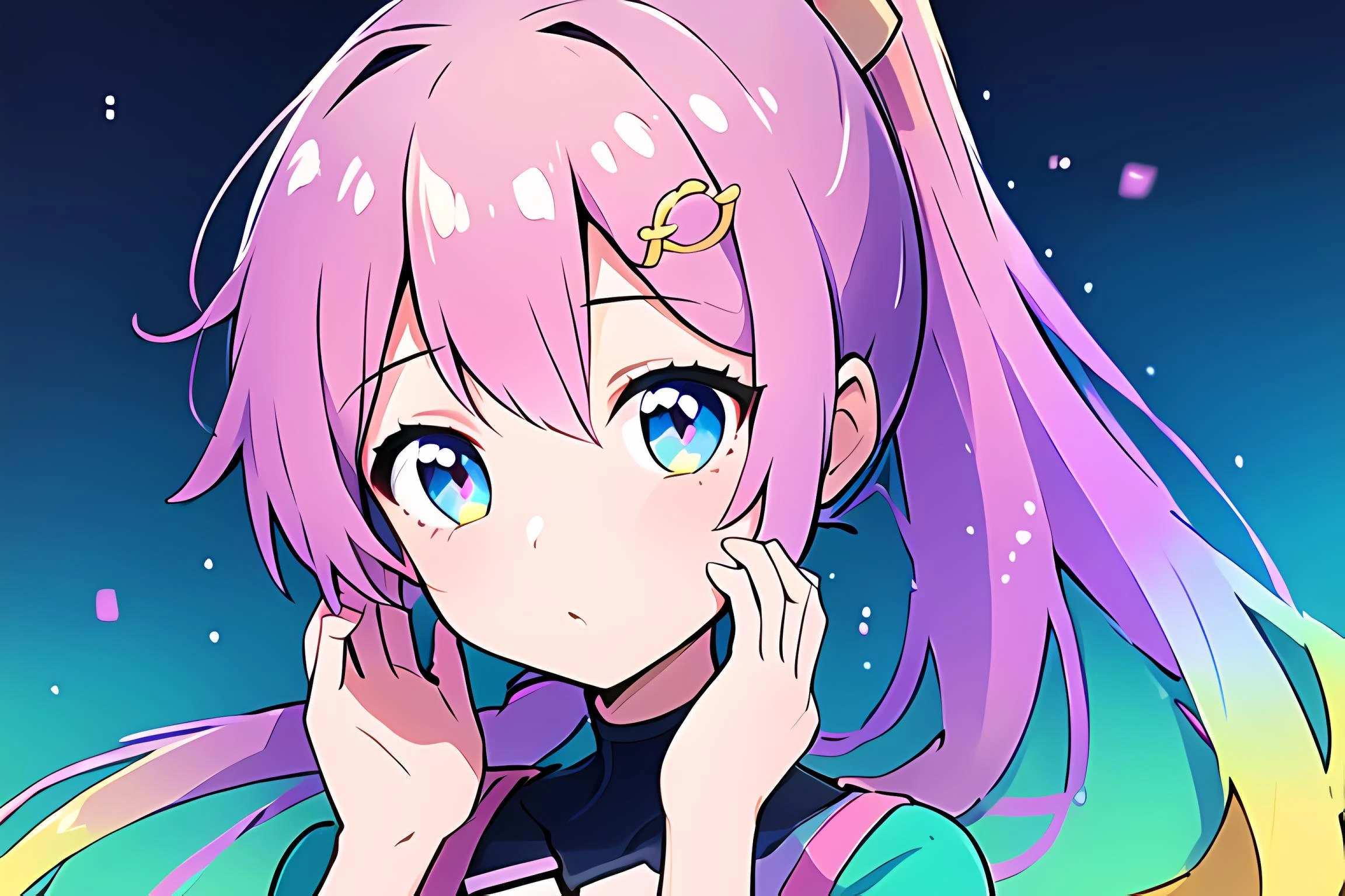 (masterpiece, best quality, high quality, highres, ultra-detailed),1girl,<lora:TooMuchElementsV2(LoRA):0.8>,mRandom,long hair,single ponytail,hair ornament,1hand on own hair,pink hair,teal hair,(gradient hair),