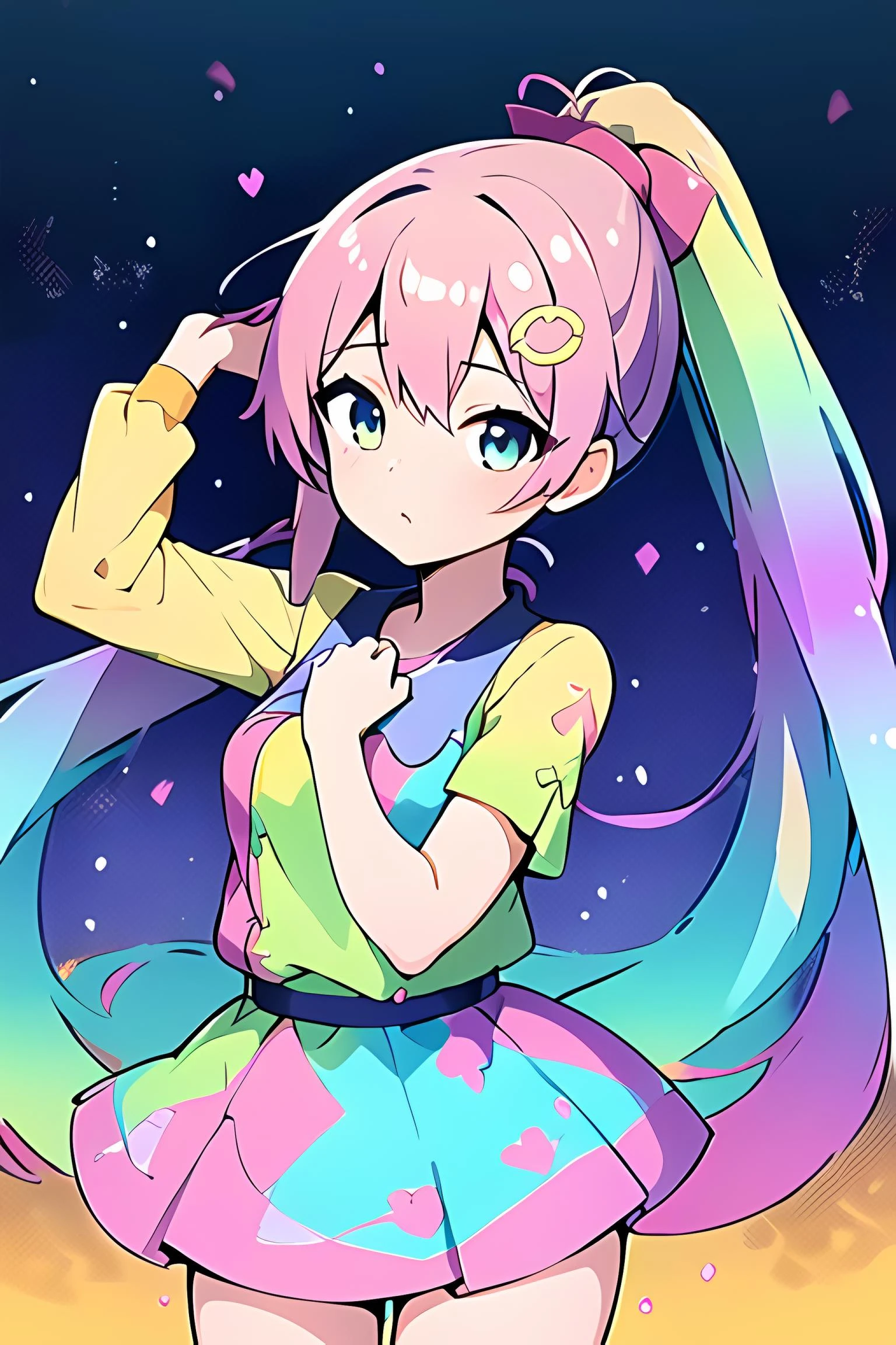 (masterpiece, best quality, high quality, highres, ultra-detailed),1girl,<lora:TooMuchElementsV2(LoRA):0.8>,mRandom,long hair,single ponytail,hair ornament,1hand on own hair,pink hair,teal hair,(gradient hair),