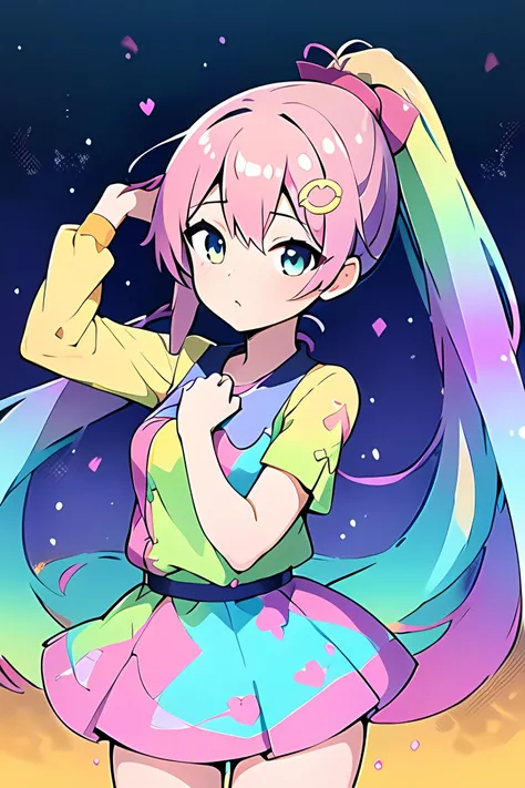 (masterpiece, best quality, high quality, highres, ultra-detailed),1girl,<lora:TooMuchElementsV2(LoRA):0.8>,mRandom,long hair,single ponytail,hair ornament,1hand on own hair,pink hair,teal hair,(gradient hair),