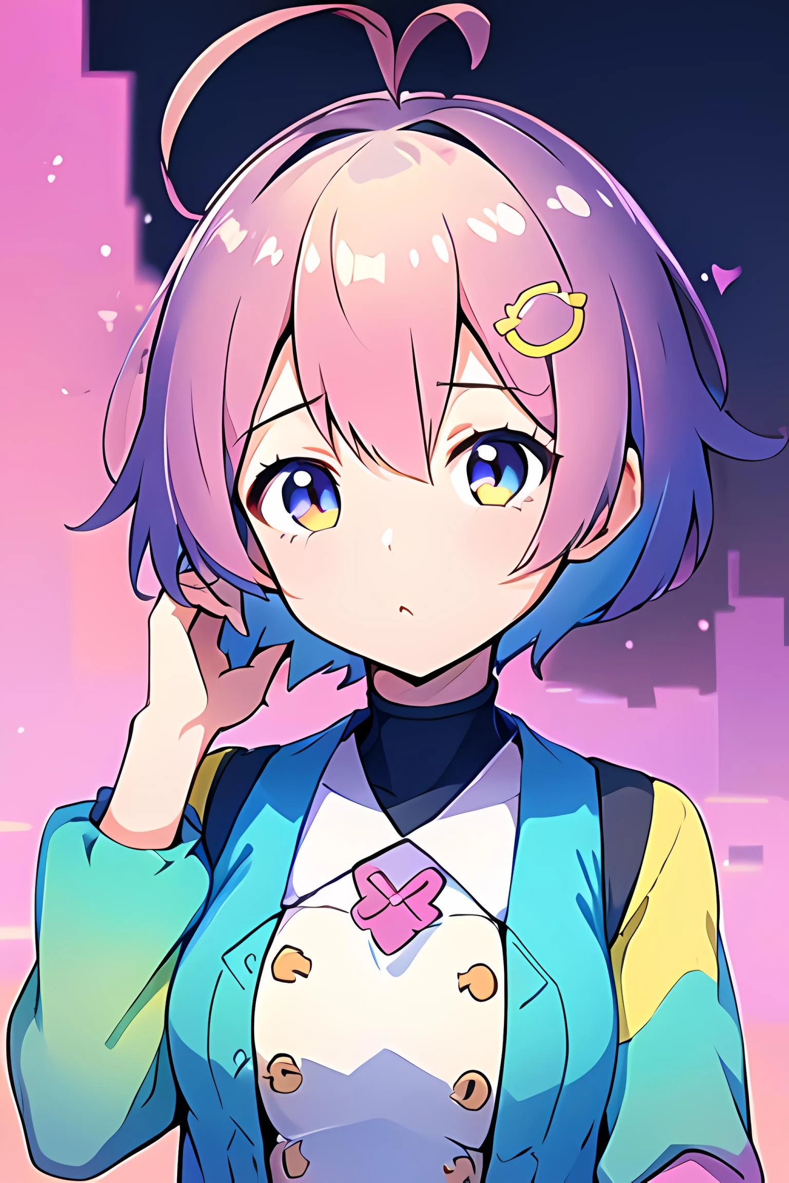 (masterpiece, best quality, high quality, highres, ultra-detailed),1girl,<lora:TooMuchElementsV2(LoRA):0.8>,mRandom,short hair,ahoge,hair ornament,1hand on own hair,pink hair,teal hair,gradient hair,