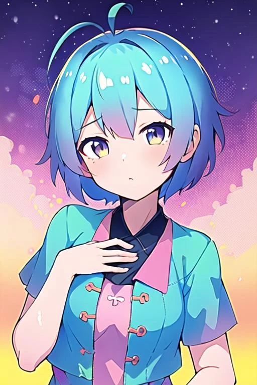 (masterpiece, best quality, high quality, highres, ultra-detailed),1girl,<lora:TooMuchElements-10:0.8>,(mRandom),gradient hair,short hair,ahoge,1hand on own chest,