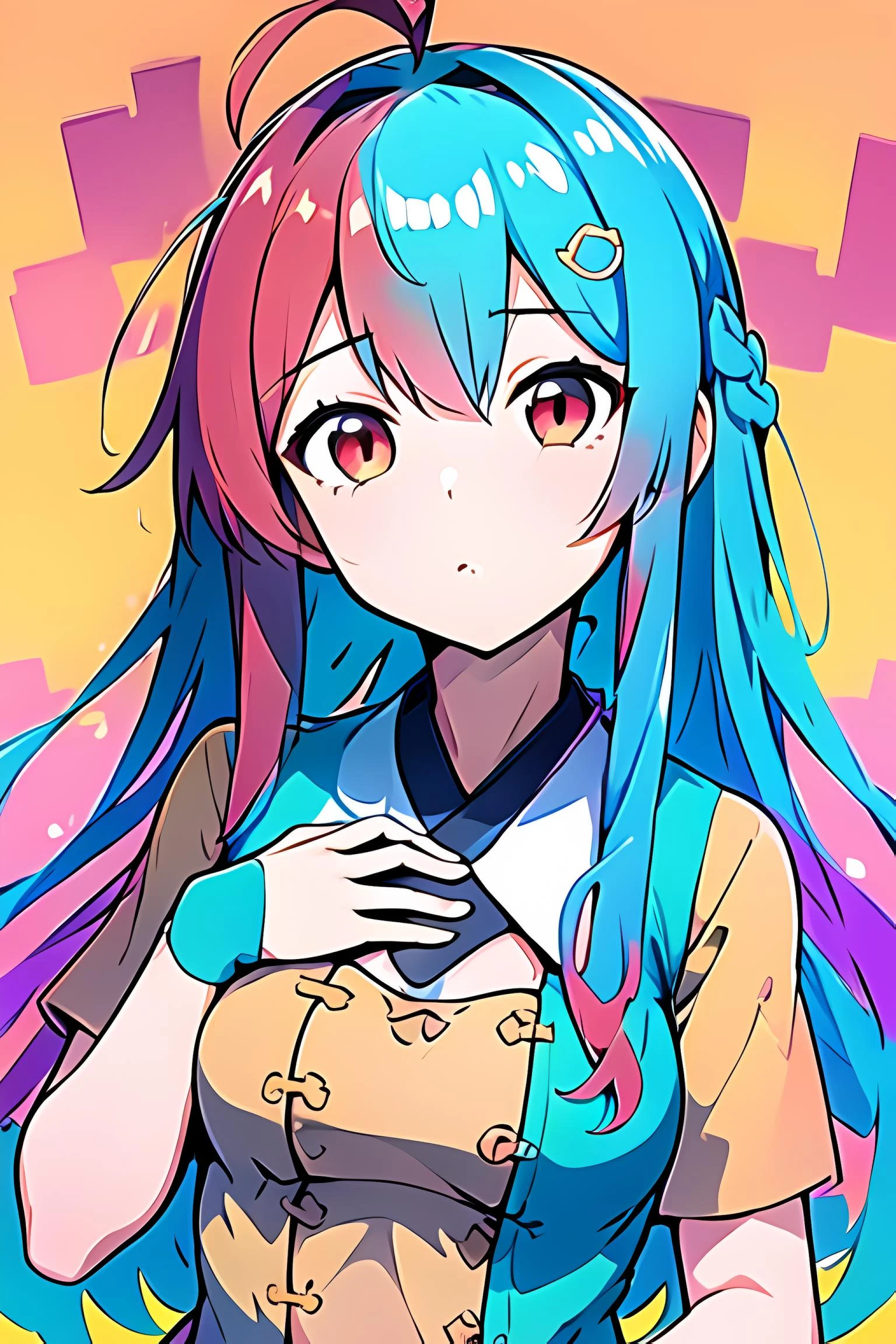 (masterpiece, best quality, high quality, highres, ultra-detailed),1girl,<lyco:TooMuchElementsV2:0.8>,mRandom,long hair,ahoge,1hand on own chest,hair ornament,red hair,teal hair,red eyes,1hand on own hair,