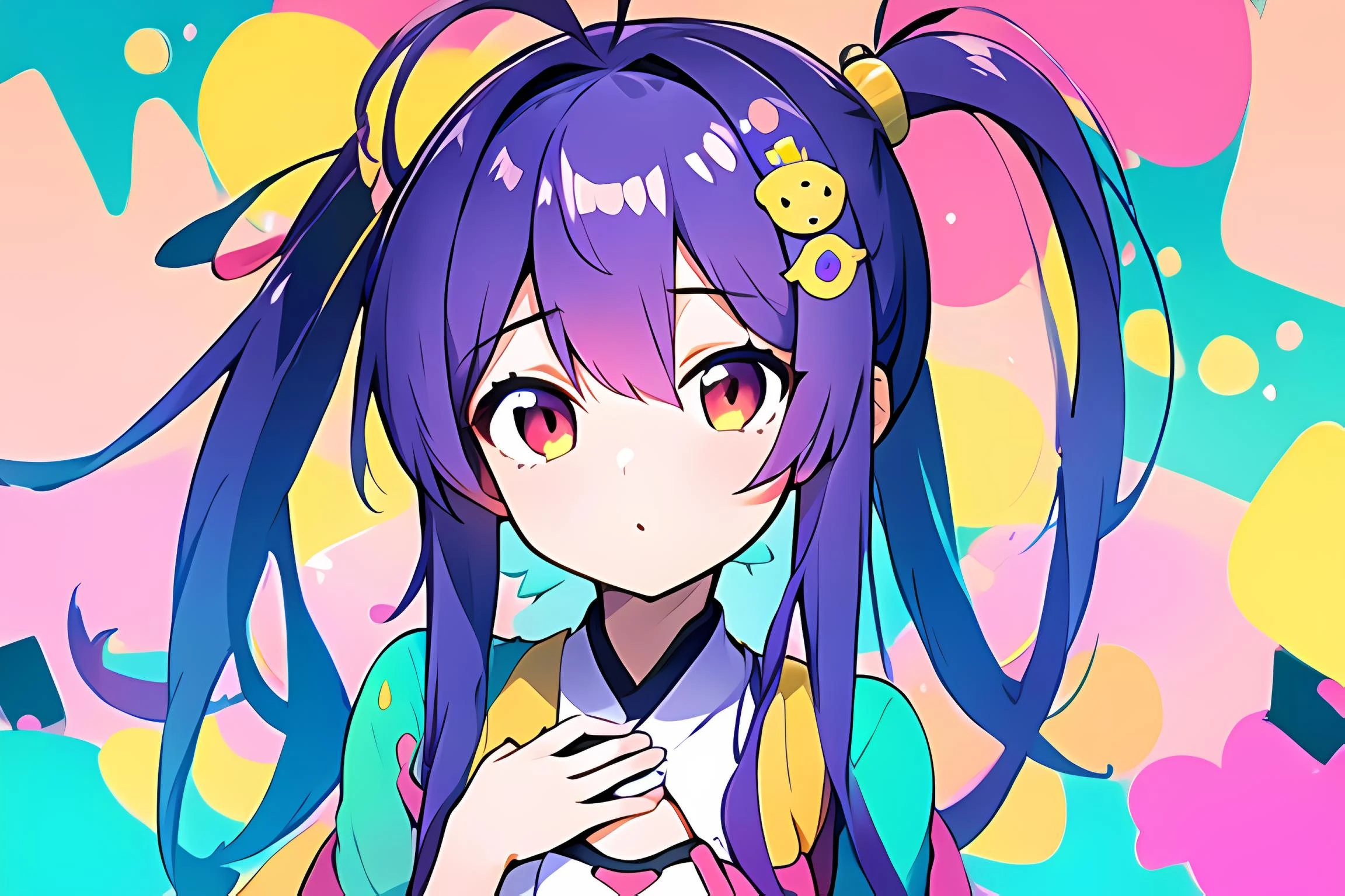 (masterpiece, best quality, high quality, highres, ultra-detailed),1girl,<lyco:TooMuchElementsV2:0.8>,mRandom,long hair,ahoge,1hand on own chest,hair ornament,purple hair,teal hair,red eyes,1hand on own hair,