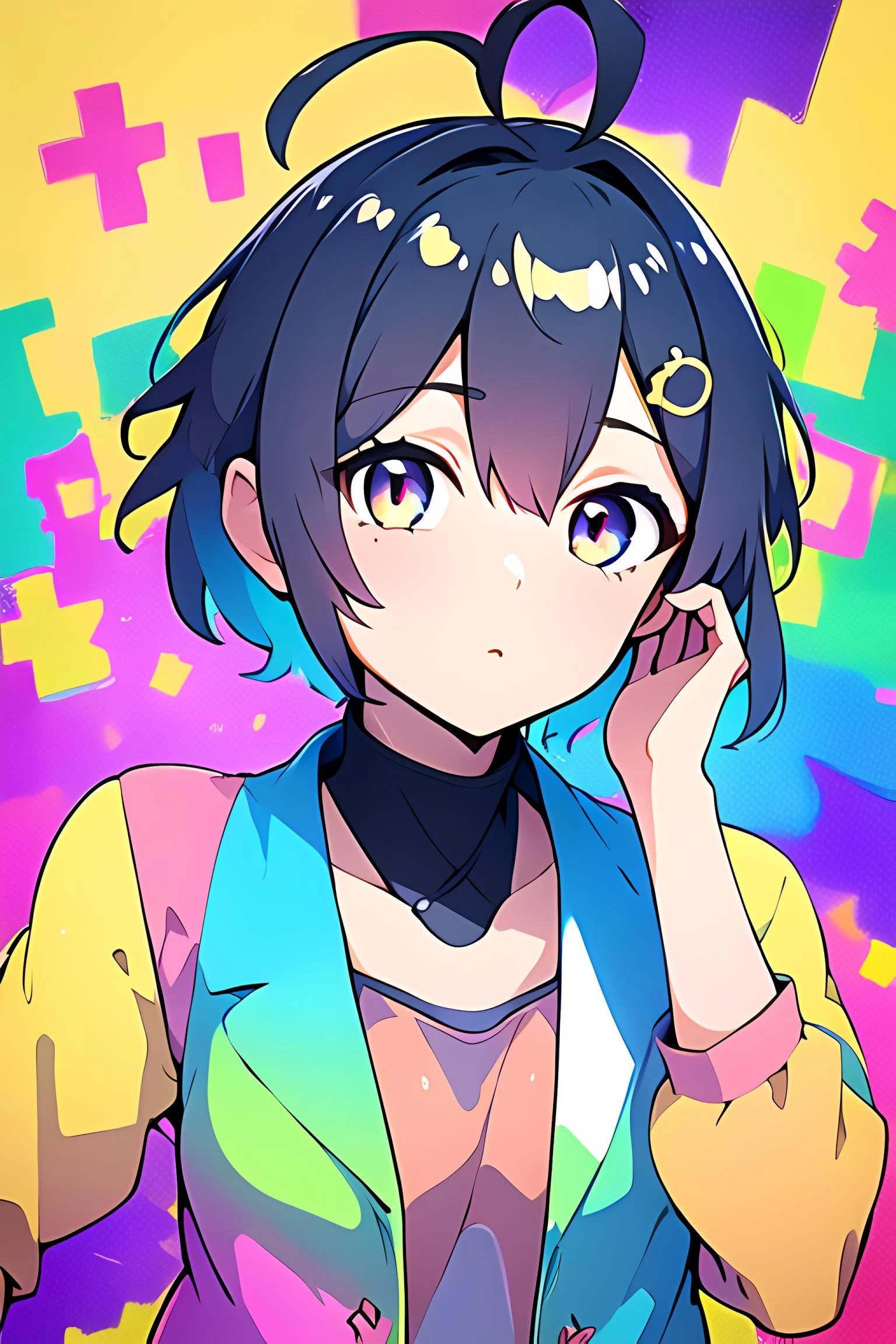 (masterpiece, best quality, high quality, highres, ultra-detailed),1girl,<lyco:TooMuchElementsV2(LoCon):0.8>,mRandom,short hair,ahoge,hair ornament,1hand on own hair,colorful eyes,colorful hair,