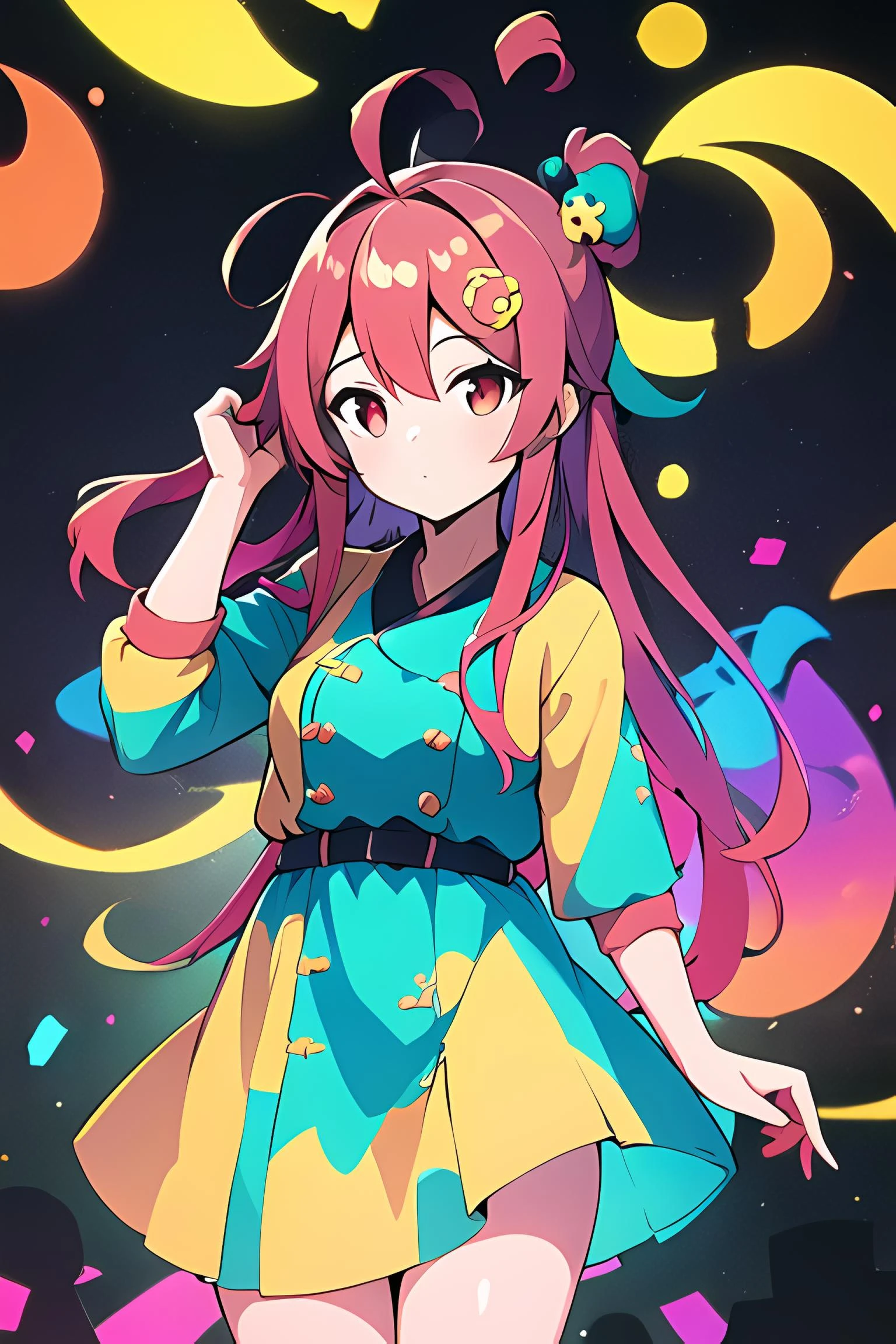 (masterpiece, best quality, high quality, highres, ultra-detailed),1girl,<lyco:TooMuchElementsV2:0.8>,mRandom,long hair,ahoge,hair ornament,red hair,teal hair,red eyes,1hand on own hair,