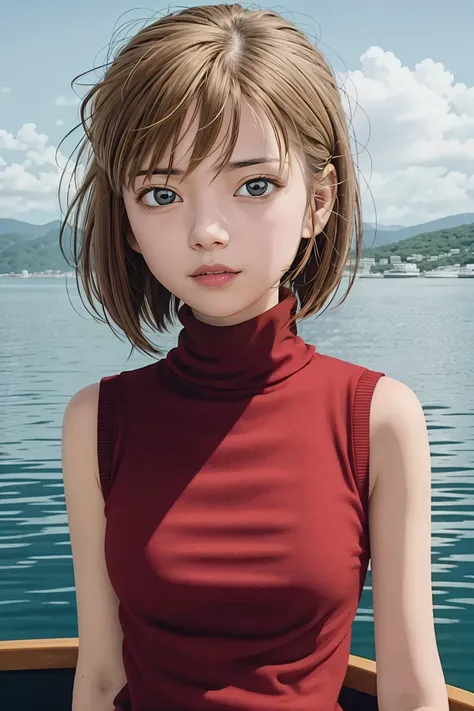 ((masterpiece)),((best quality)),ultra-detailed,illustratio,Explicit,Beautiful body,Beautiful Nose,Beautiful character design,perfect eyes,perfect face,wallpaper,ultra highres,4K,photography,(Beautiful,:1.5),(beautiful face:1.2),beautiful legs,perfect legs,sfw,upper body,haibara ai,1girl,solo,Short hair,(bright big gray eyes),on a yacht,(red turtleneck:1.4), (sleeveless),hair between eyes,blonde,no makeup,(light pink natural lips),culottes, shiny oild skin,tilted neck,
 <lora:Haibara Ai_20230823111404:0.5> <lora:enako-v2:0.3>  <lora:age_v2:-0.8> <lora:head_slider_v2:-2.2>