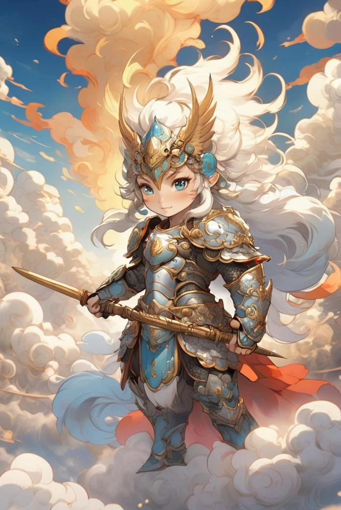 valkyrie, war of god, spear, circle of sword behind, ,mythical clouds, colourfull, shiny silver armor, detailed face, cute cartoon
<lora:sdxl_mythicalclouds:0.65>