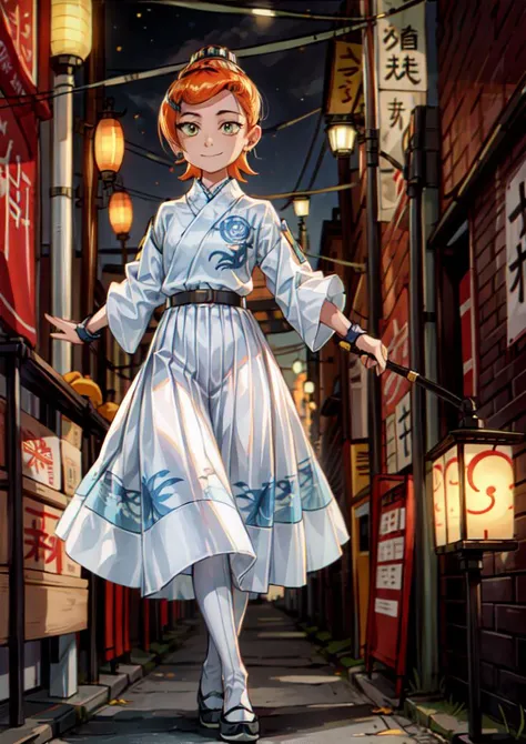 (1girl :1.4), masterpiece,best quality,solo,walking, happy,smile,Gwendolyn_Tennyson,<lora:gwendolynTennysonBen_v10:0.8><lora:GoodHands-beta2:1.3>,feiyufu, <lora:feiyufuV1:0.8>,ancient tokyo street, light bub ,lamp