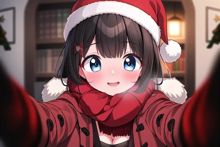 masterpiece, best quality,ultra detail, girl,cheekwarm,reaching towards viewer, blush, hair ornament, looking at viewer, pov, winter clothes, solo, santa coat, blurry, fur trim, <lora:CheekWarmV1.2:0.8>black hair,santa cap,cleavage,evil smile,indoor