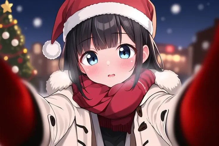 masterpiece, best quality,ultra detail, girl,cheekwarm,reaching towards viewer, blush, hair ornament, looking at viewer, pov, winter clothes, solo, santa coat, blurry, fur trim, <lora:CheekWarmV1.2:0.8>black hair,santa cap,kissing