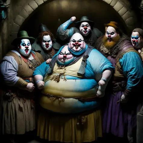 photo, a group of obese Adventurer clowns in a badly lit dungeon (ClownDungeon style:1) <lora:djzClownDungeon:0.8>