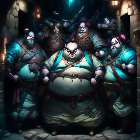 anime, a group of obese Adventurer clowns in a badly lit dungeon (ClownDungeon style:1) <lora:djzClownDungeon:0.8>