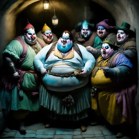 photo, a group of obese Adventurer clowns in a badly lit dungeon (ClownDungeon style:1) <lora:djzClownDungeon:0.8>