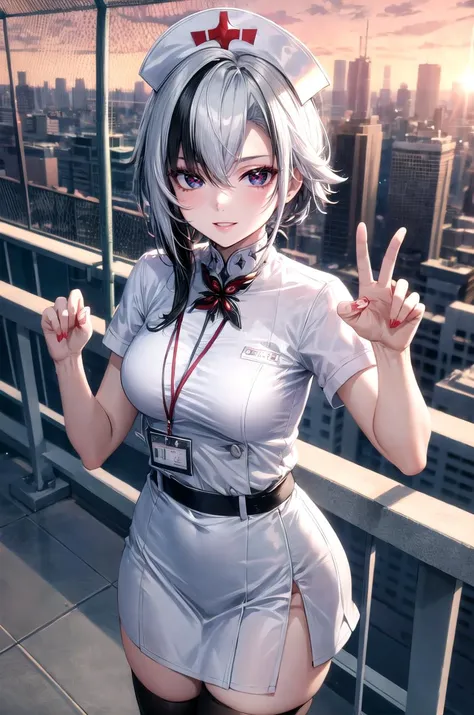 (masterpiece, best quality, detailed), 1girl, solo, looking at viewer, <lora:arlecchino:0.8>, arlecchino \(genshin impact\), grey hair,multicolored hair, short hair, black eyes, x-shaped pupils,
nurse, nurse uniform, white thighhighs, nurse cap, id card, white dress, <lora:school_rooftop_v0.1:1>, school rooftop, chain-link fence, fence, sunset, claw pose, smile, parted lips