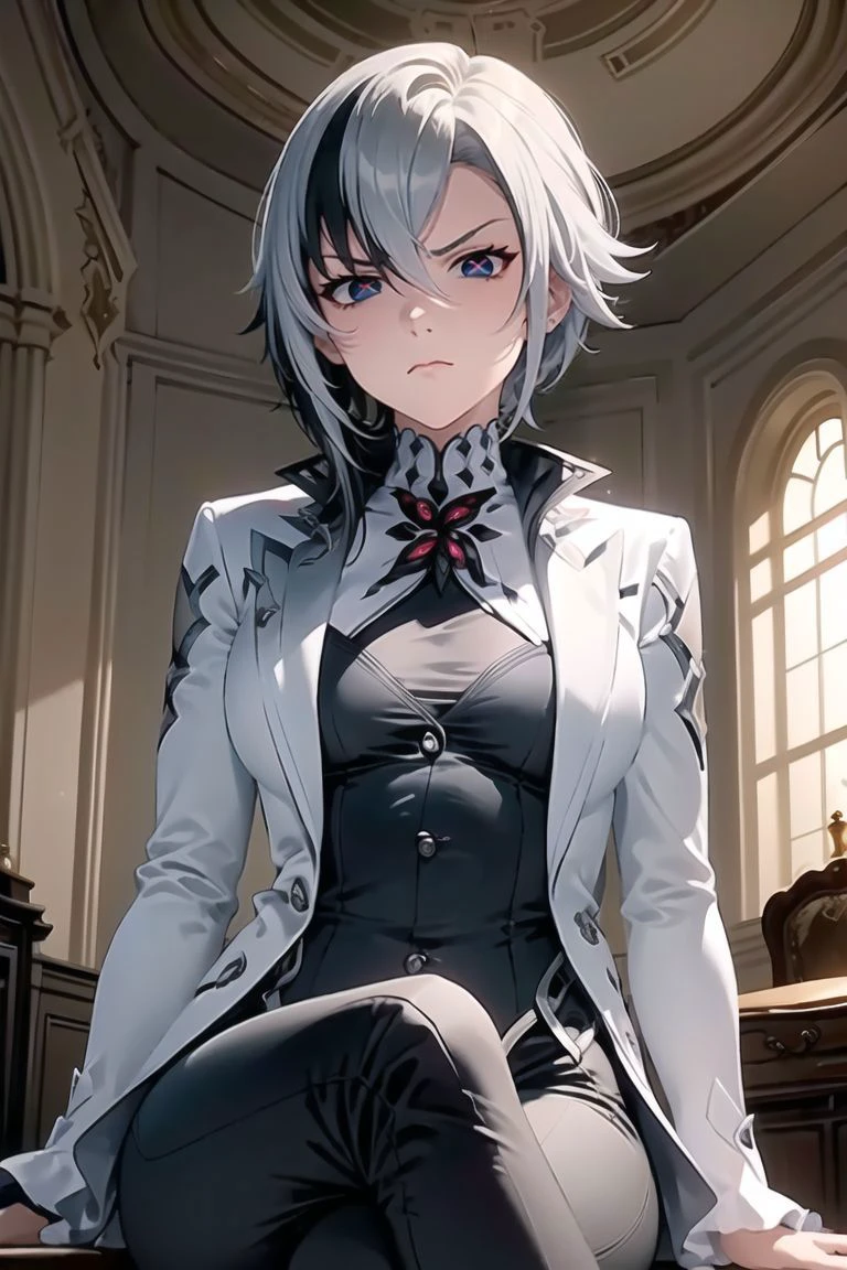 masterpiece, best quality, cowboy shot, view from below, 1girl, medium breasts, sitting on the table, crossed legs,
<lora:arlecchino:0.9>, arlecchino \(genshin impact\), 1girl, grey hair,multicolored hair, short hair,black eyes, x-shaped pupils,black gloves, long sleeves, grey jacket,grey bodysuit, black pants,
<lora:LookingDisgusted_V1:0.15> ((looking disgusted)), very angry, disappointed, looking at viewer,
in the luxurious living room, manor