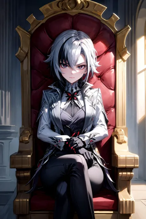 (masterpiece, best quality, detailed), 1girl, solo, looking at viewer, <lora:arlecchino:0.9>, arlecchino \(genshin impact\), 1girl, grey hair,multicolored hair, short hair,black eyes, x-shaped pupils,black gloves, long sleeves, grey jacket,grey bodysuit, black pants,
indoors, throne room, throne, pillar, stone wall, sitting, crossed legs, own hands together, closed mouth, glaring, serious, shadow,