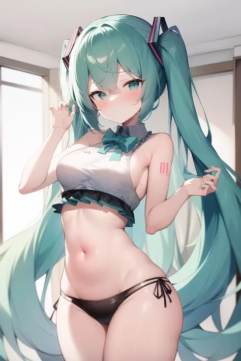  hatsune_miku absurdres commentary_request highres 1girl anus arm_up armpits bare_arms bed_sheet black_thighhighs blue_eyes blue_hair blush bright_pupils censored closed_mouth collarbone hair_ornament knees_up looking_to_the_side m_legs mosaic_censoring navel nipples nude number_tattoo on_bed pillow pussy solo spread_legs stomach stomach_tattoo tattoo thighhighs thighs twintails white_pupils