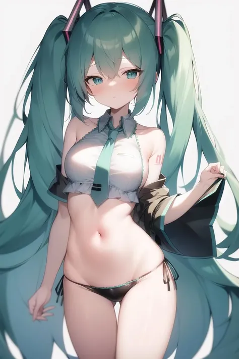  hatsune_miku absurdres highres 1girl ass_visible_through_thighs beach bikini biting biting_clothes blue_necktie blush breasts cleavage come_hither curvy large_breasts looking_at_viewer navel necktie outdoors solo stomach swimsuit wide_hips bouncing_breasts bouncing_breasts