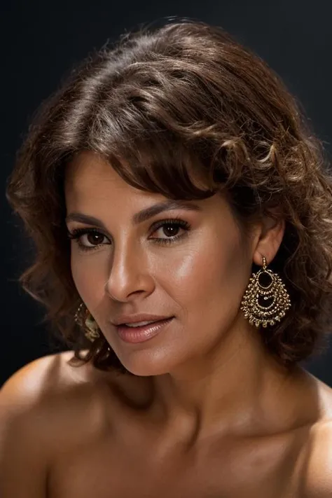 Realistic photo of a beautiful r4qu3lw-v2 woman, 1girl, solo, looking at viewer, smile, brown hair, black hair, bare shoulders, jewelry, earrings, teeth, black eyes, lips, blue background, portrait, curly hair, realistic, soft lighting, professional Photography, Photorealistic, detailed, RAW, analog, sharp focus, 8k, HD, DSLR, high quality, Fujifilm XT3, film grain, award winning, masterpiece<lora:r4qu3lw-v2:1.0>