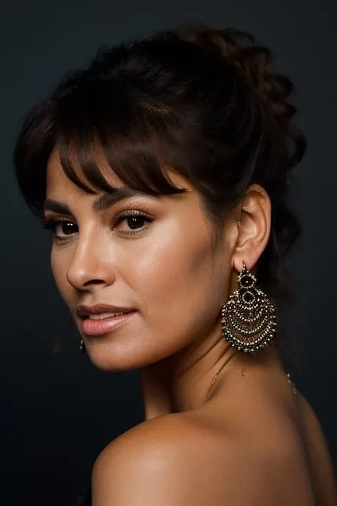 Realistic photo of a beautiful r4qu3lw-v2 woman, 1girl, solo, looking at viewer, smile, brown hair, black hair, bare shoulders, jewelry, earrings, teeth, black eyes, lips, blue background, portrait, curly hair, realistic, soft lighting, professional Photography, Photorealistic, detailed, RAW, analog, sharp focus, 8k, HD, DSLR, high quality, Fujifilm XT3, film grain, award winning, masterpiece<lora:r4qu3lw-v2:1.0>