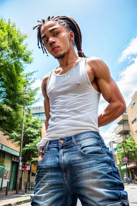 Mauritius male 18 year old, shirtless, neat dreadlock braids in (short pony tail:1.2), masculine, thug, ghetto gangsta, muscular, osirisd3, vpl, baggy jeans, street background, 8k uhd, dslr, soft lighting, high quality, film grain, Fujifilm XT3