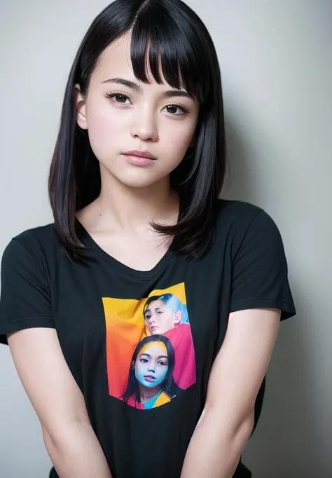 masterpiece, best quality,realism,realistic, t-shirt,
light black hair