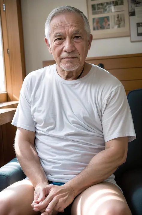 sitting, old guy, white t-shirt,