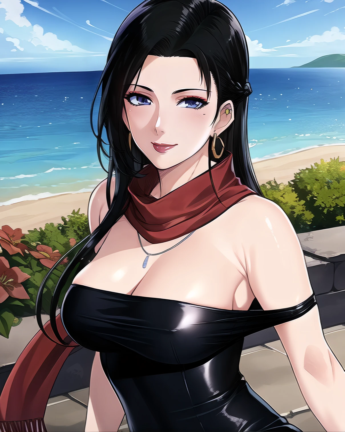 (Masterpiece, Best Quality, High Quality:1.4), professional artwork, Intricate Details, field of view, sharp focus, detailed painting, photorealistic lighting, trending on pixiv, (vivid lighting, vibrant colors:1.1), realistic shadows, ambient occlusion,
LisaLisa, (mature female, 40yo:1.1), beautiful sky, summer, (portrait, side view:1.1), (Captivating gaze directed at the viewer, Seductive eyes that hypnotize:1.1), (smiling, seductive look:1.1), (smirking:0.9),
black hair, (long hair:1.1), (scarf:1.1), lipstick, makeup, ultra detail hair, ultra detail face, (blue|purple eyes:1.05), perfect eyes, perfect face, earrings,
(black pantyhose:1.1), off-shoulder, dress, miniskirt, bare shoulders, necklace, purple gloves,
(Large Breasts:1.2), <lora:LisaLisa:0.45>, <lora:XterminationStyle:1>