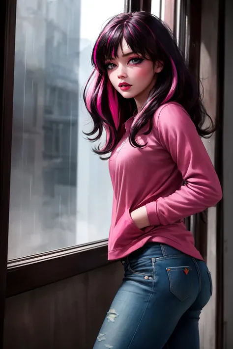 (masterpiece, , vibrant colors, super high realism, hyperealistic, high quality, 64k, uhd, extremely detailed, extremely intricate, professional)
BREAK
dark, lightning, rain, heavy rain, drops of water in window, bright lightning
<lora:Draculaura1.0:0.85> heart shaped, face tatoo, pink heart, Draculaura, 1girl, pink hair, multicolored hair, black hair,  pink eyes, jeans, white red shirt, light clothing, hands on pockets, posing